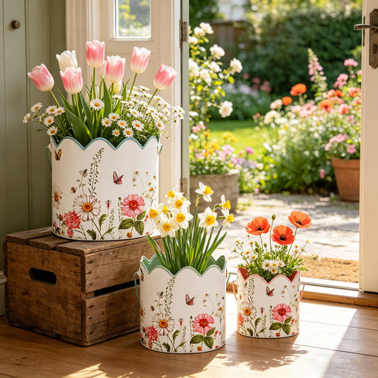 Zorvynelle Set of 3 Vintage Floral Metal Planters Rustic Flower Pots with Wooden Handle, Farmhouse Decorative Floral Buckets for Dried Flowers, Faux Plants, Home Garden Decor