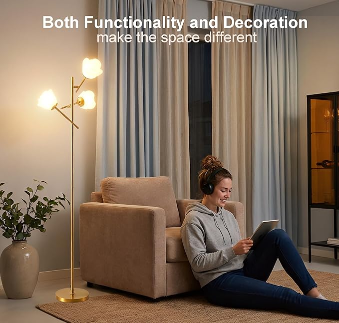 Fiqevs Mid Century Modern Floor Lamp with 3 Adjustable Flower Shade - Floral LED Standing Light with Foot Switch & Light Bulb, Sputnik Tree Lamp for Living Rooms Bedrooms - Antique Brass/Gold