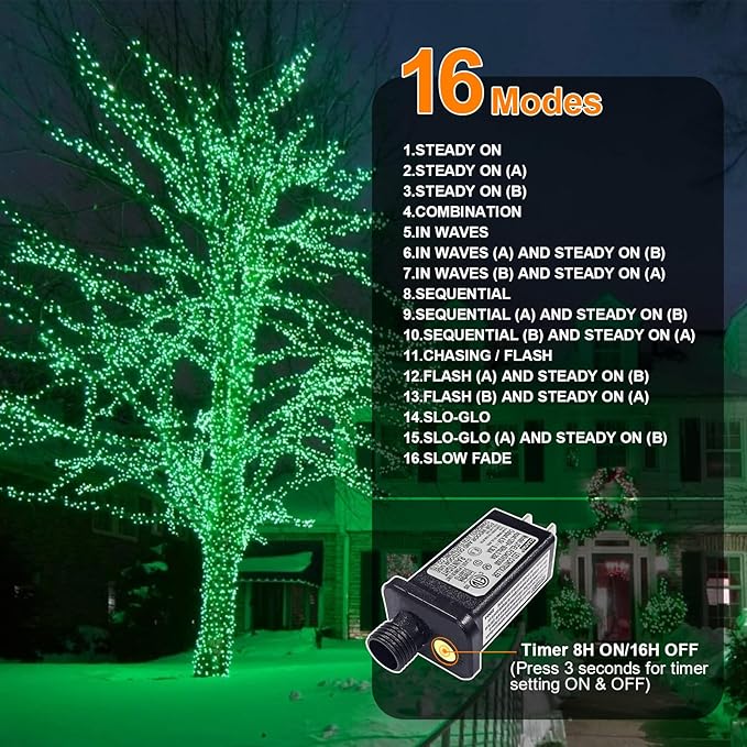 Green St Patricks Day Lights, 32.5FT 100LED Twinkle Christmas String Lights with 16 Lighting Modes, Waterproof Plug in for Indoor Outdoor Holiday Xmas Tree Garland Party Bedroom Decorations