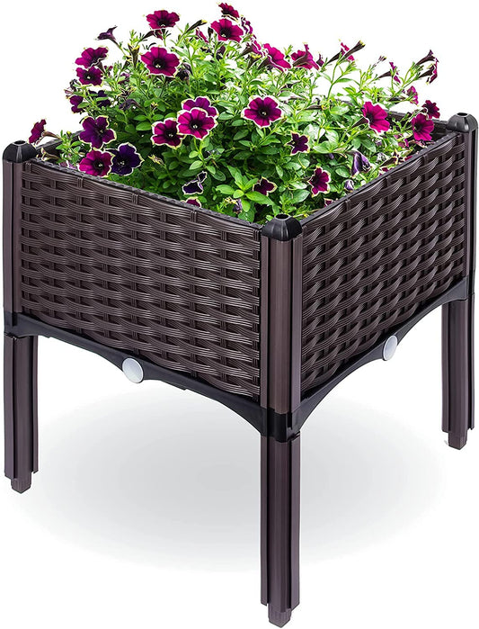 Raised Garden Planter, Resin, Elevated Flower Bed Box Kit for Vegetable, Flower, Herb Gardening | 16" X 18", Wicker Pattern, Brown