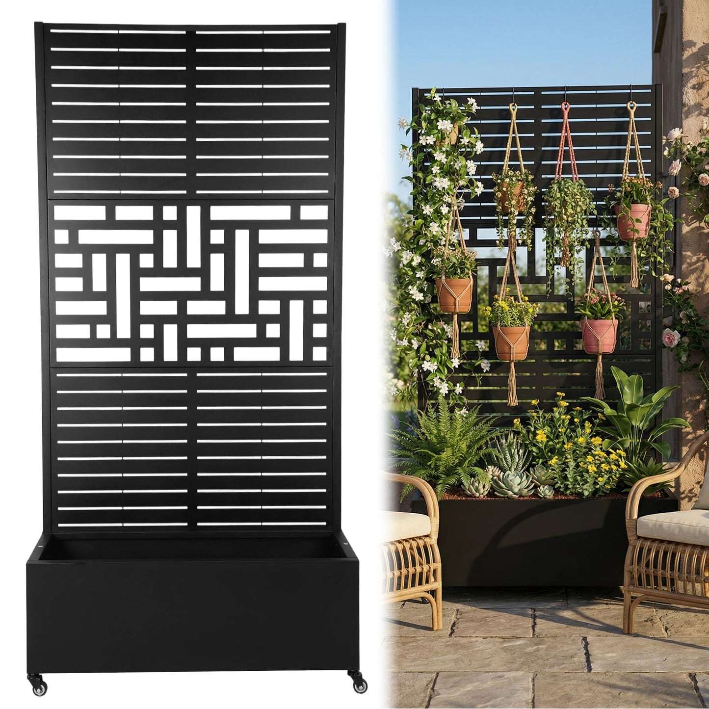 FASDRESS Metal Planter Box with Trellis Standing Planter Box for Climbing Plants/Vines Raised Garden Bed On Wheels 70.87x35.43x15.75 Inch (01)
