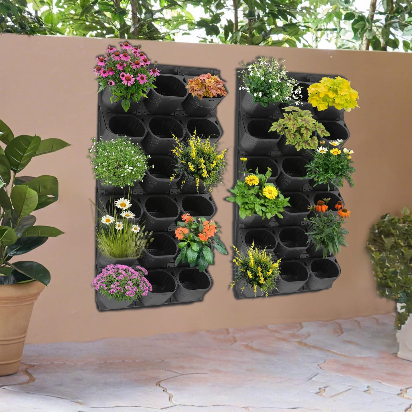 njxbrek Wall Mounted Vertical Garden Planter with 36 Pots, 6 Row Vertical Stackable Hanging Planters, Indoor Outdoor Flower Pot Holder for Herbs Vegetables Fruits (Black)