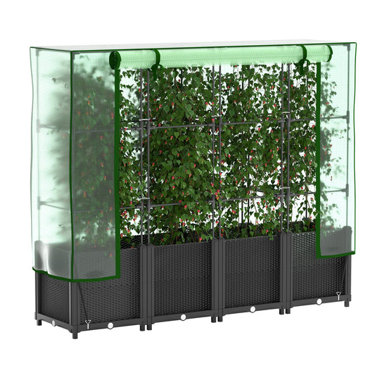 Onelike 64'' x 16'' x 55.5'' Plastic Raised Garden Bed with Greenhouse Cover and Trellis, Vertical Tomato Planters for Climbing Plants, Self Watering System Tomatoes Cage for Patio,Black,Large