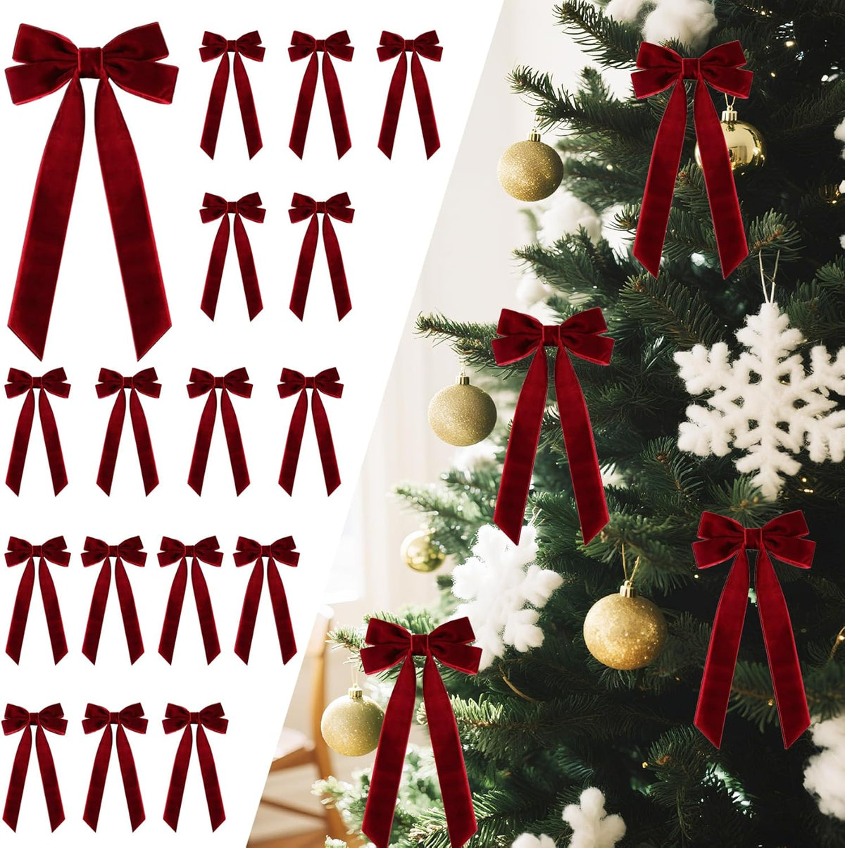 Velvet Ribbon Bows by 16Pcs - Vintage Rustic Craft Ornaments for Christmas Tree & Gift Wrapping | Burgundy, 5” x 10”