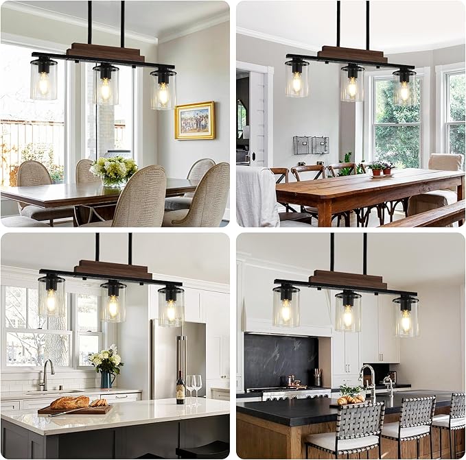 3-Light Kitchen Chandeliers Over Table, Farmhouse Chandeliers for Dining Room, Black Linear Chandelier with Clear Glass Shades, Modern Rustic Wood Dining Room Light Fixture, with Adjustable Height
