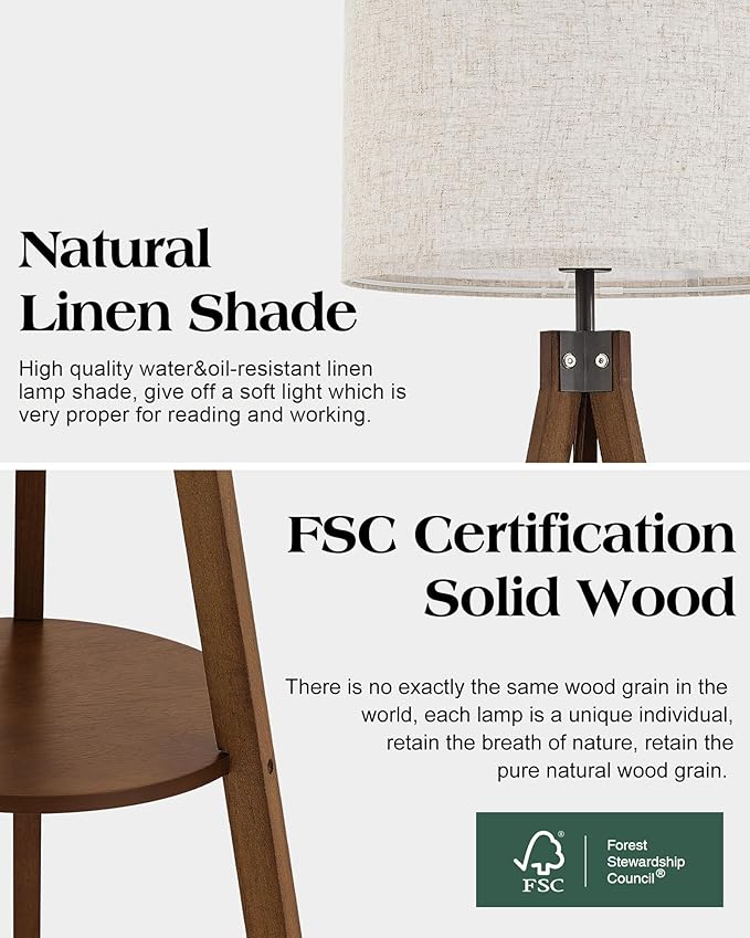 ELYONA Tripod Floor Lamp with Table, Mid Century Wood Shelf Standing Light Modern Tall Floor Lamp with Linen Shade for Living Room Bedroom Office,Dark Brown, 3 Color Temperatures LED Bulb Include
