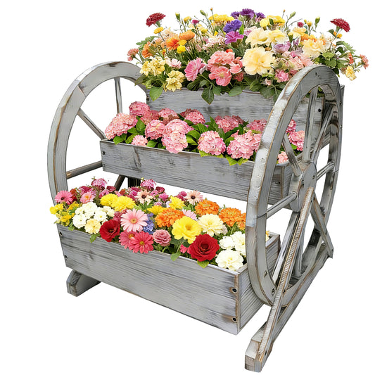 3 Tier Large Wooden Wagon Planter Box|Outdoor Planter/Flower Pot for Indoor&Outdoor Plants-Rustic Garden Planter for Patio,Porch&Garden Decor-Raised Garden Bed for Succulents,Herbs,Vegetables