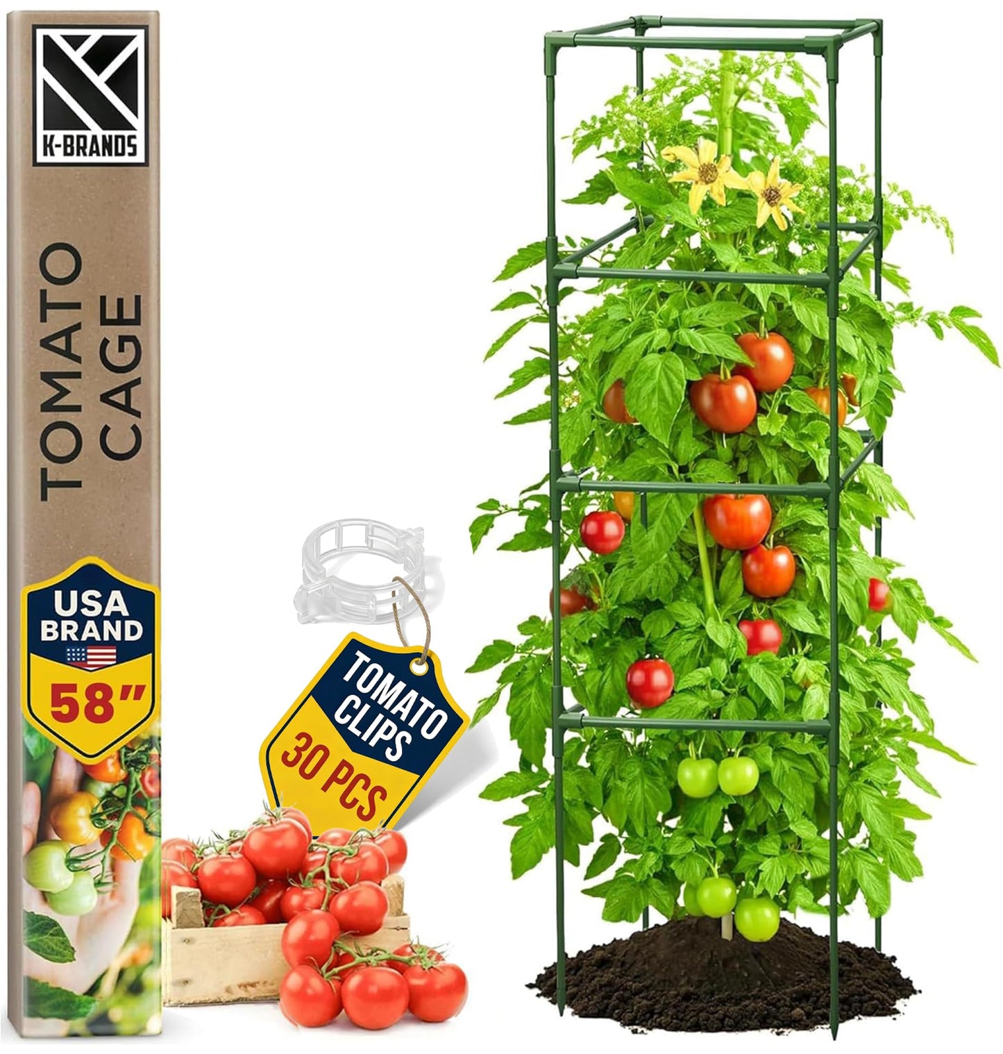 Tomato Cage Square - Large Trellis Stakes and Plant Support Structures for Vegetables and Climbing Plants - Tall Tomato Cages for Garden, Pots, Raised Garden Bed Outdoor Supplies (1 Pack - Up to 58")