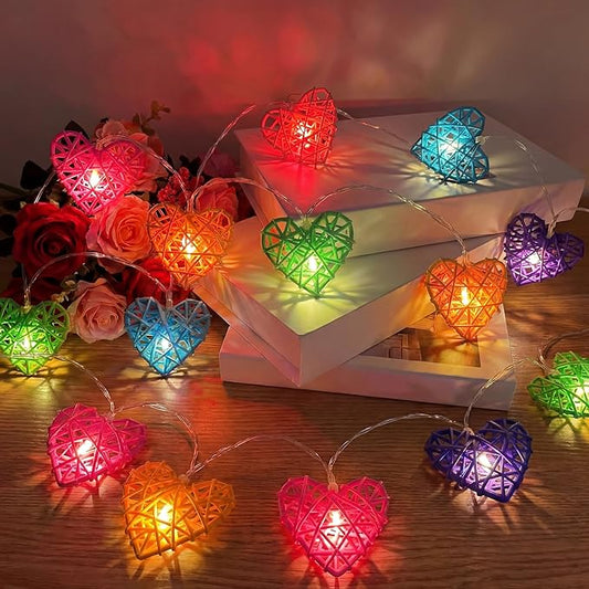 Heart String Lights for Wedding Birthday Party - 3D Hollowed Rattan 9.8ft 20 LED Candy Color Love Lights, Battery Powered, Multi-Color
