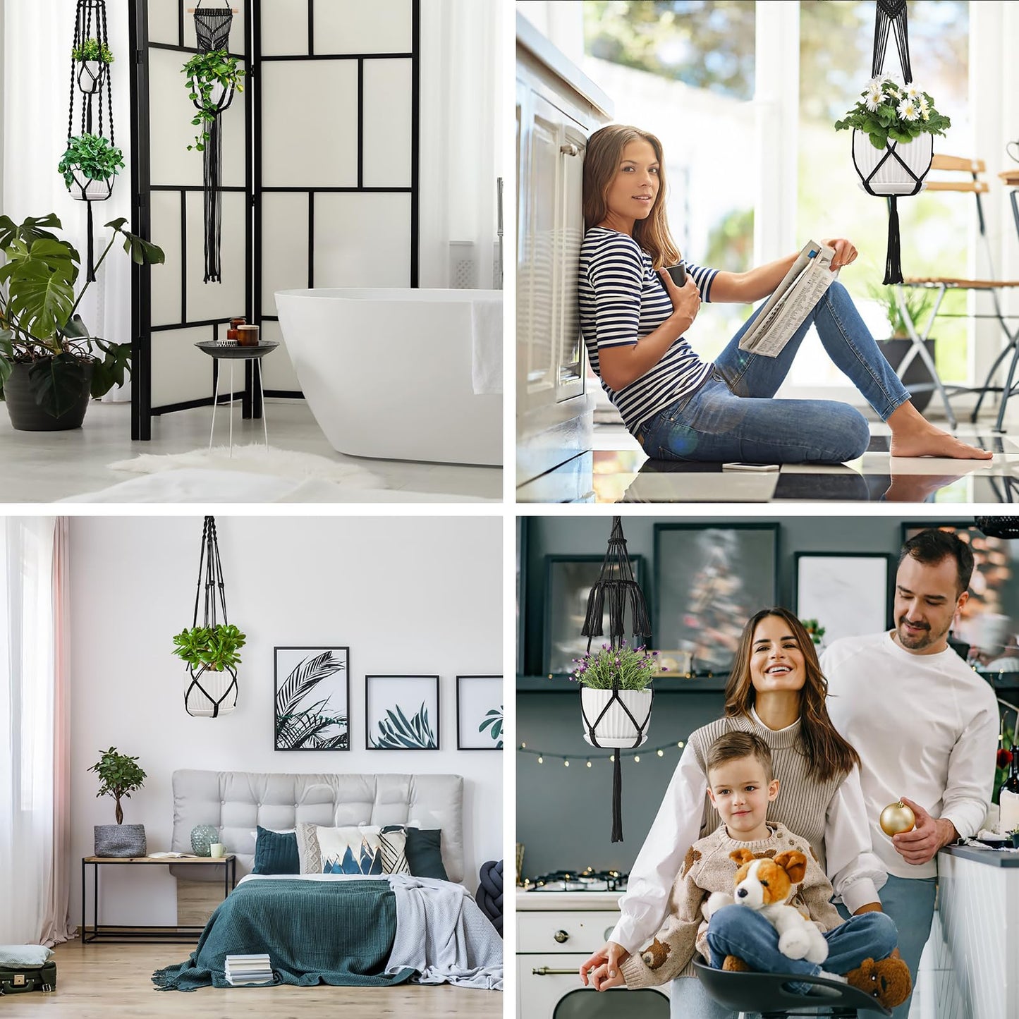 Macrame Plant Hangers 5Pack, Handmade Cotton Rope Hanging Planters for Indoor Plants w/ 5 Set Hooks Hanging Plant Holders Plant Hanger Indoor for Boho Home Decor (Black, Planter Pot Not Included)