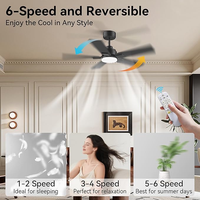 42 Inch Ceiling Fans with Lights,Smart Ceiling Fan with Light and Remote Control,Alexa,APP, Black Indoor Outdoor Ceiling Fans for Small Bedroom,Patio,Porch,5 Blades,Dimmable LED,6 Speed,Quiet DC Motor