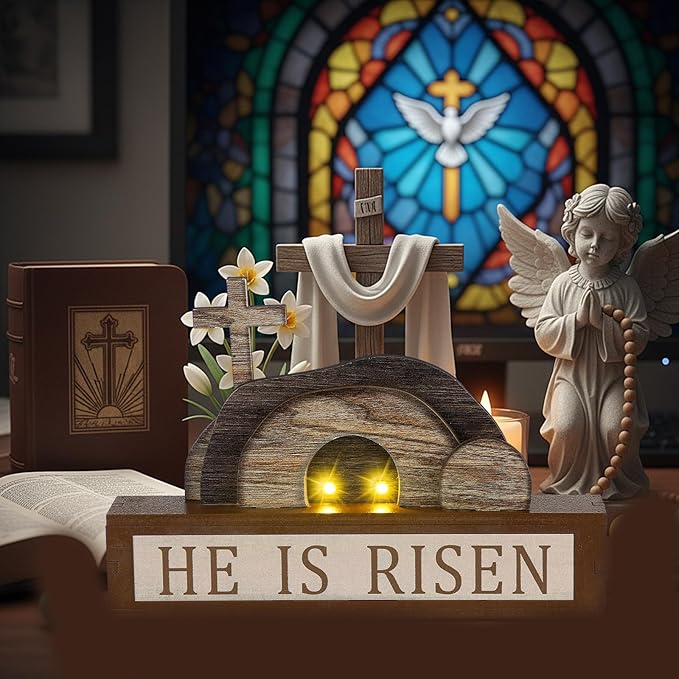 Yousoontic Empty Tomb Easter Scene and Cross Decoration He Is Risen Decor with Light String Wood Easter Tabletop Sign Christian Table Centerpiece Resurrection Scene Jesus Nativity Religious Home Decor