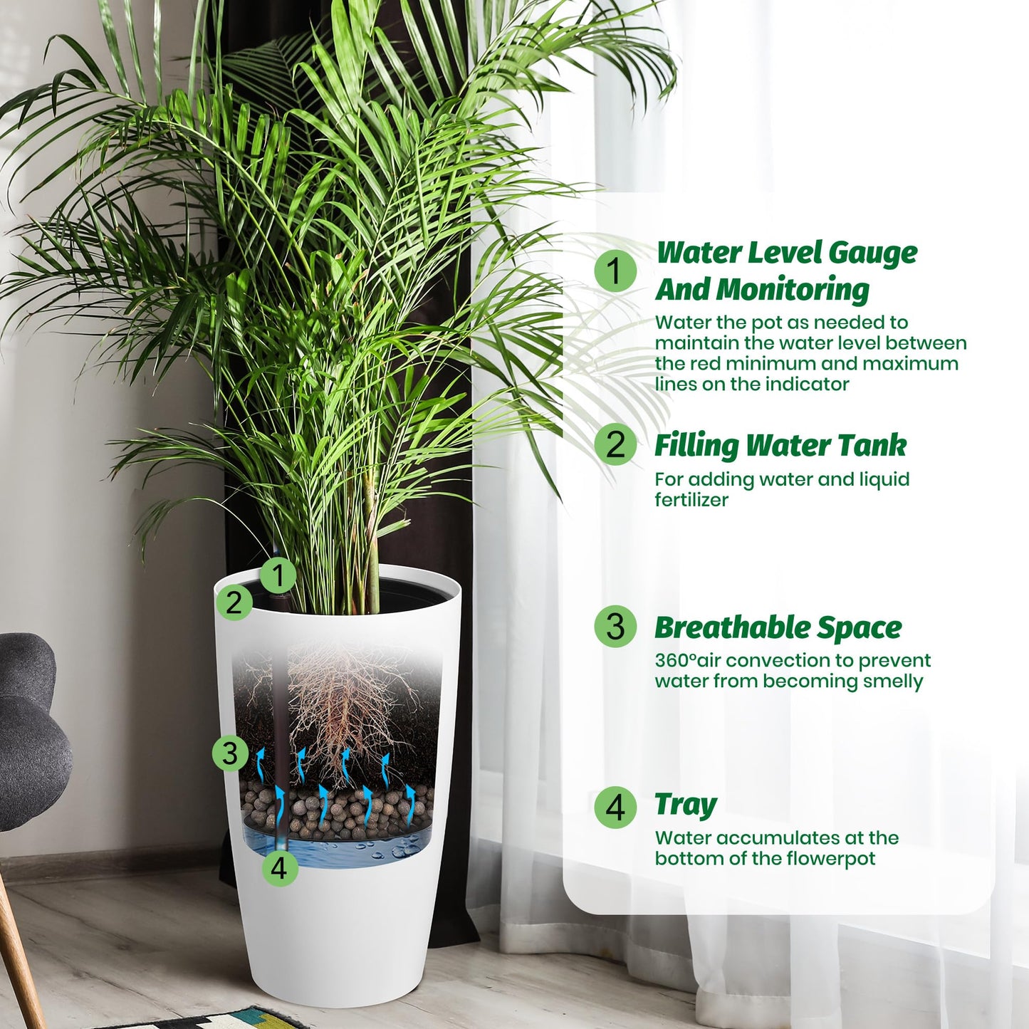 22" Tall Planter Set of 2, Self Watering Pots, Large Planter for Indoor Outdoor Plants, Built-in Drainage and a Water Level Monitor, Tall Planters for Patio, Porch, Living Room, Home Office, White