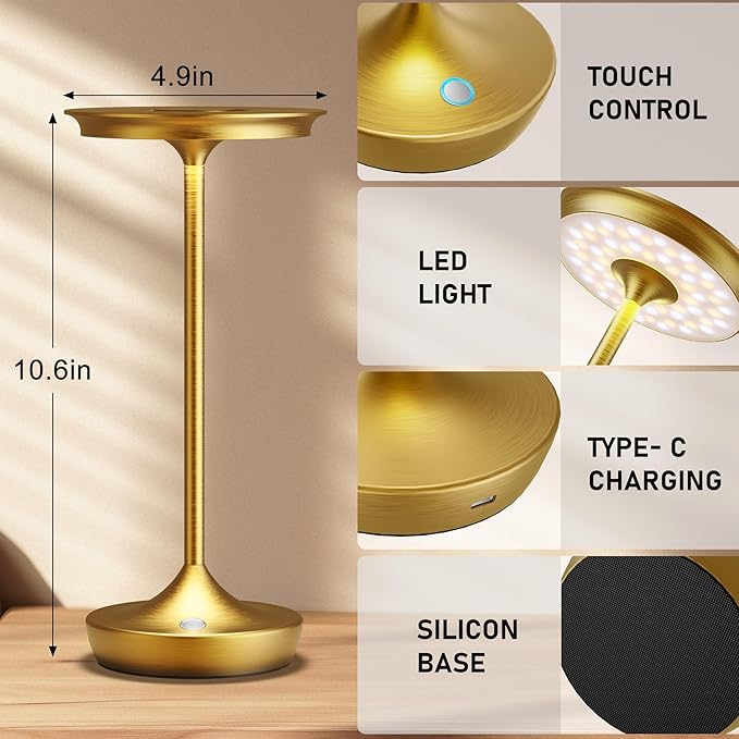LED Cordless Table Lamps Rechargeable - Outdoor 6000mAh Battery Operated Portable Tables Light 3 Color Stepless Dimming Lamp with Memory Function for Patio Restaurant Dining Gold