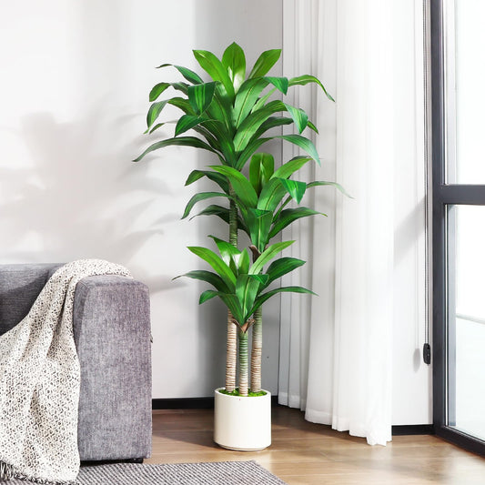 OAKRED Artificial Dracaena Tree 5ft, Tall Fake Dracaena Plants with White Planter, Faux Dragon Tree Indoor Floor Plant for Home Decor Office Living Room Porch Housewarming, 1Pcs