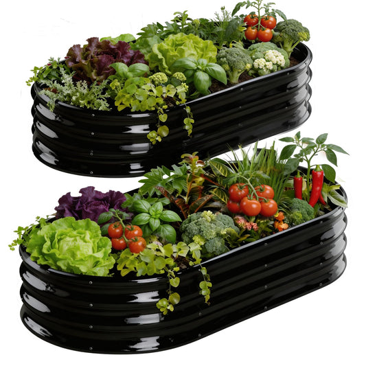 Rakukiri Raised Garden Bed Outdoor 2 Sets Oval Large Coating Metal Planter Box with No Heavy Metal for Vegetables, Flowers, Herbs