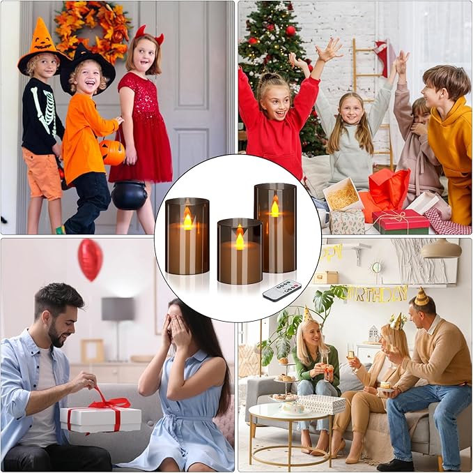 Flameless Candles 4" 5" 6" Set of 12 Acrylic Glass Pillars 3" Diameter Battery Operated Flickering Candles Include 10-Key Remote with Timer Function 400+ Hours (Gray, 12 Pack)