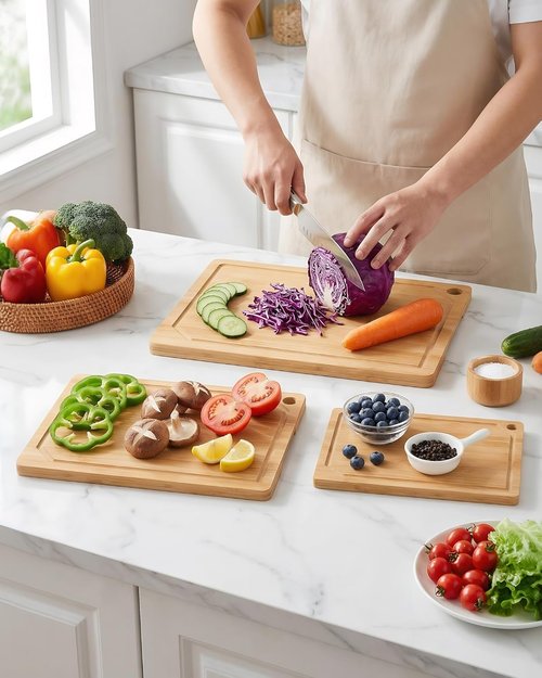 **Skiennix Kitchen Cutting Board Set - 3-Piece Wooden Boards with Juice Groove & Handles | Natural Finish**