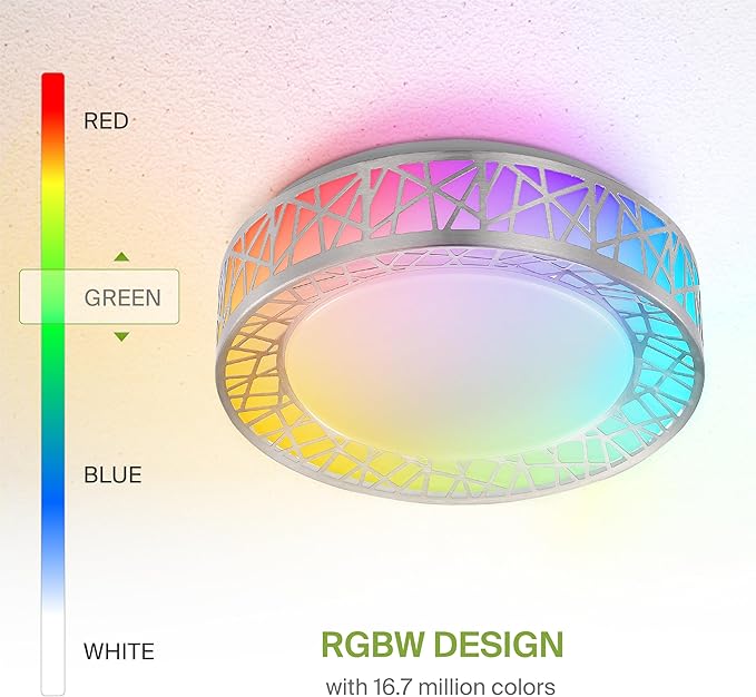 ASD 12 Inch Smart RGBW Flush Mount Ceiling Light with Remote - Brushed Nickel 20W 120V 2700-6500K Dimmable Ceiling Light Fixture, WiFi App Control RGB Lights, Alexa & Google Assistant - ETL
