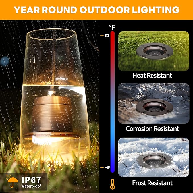 Gardenreet In Ground Landscape Lighting Low Voltage - Brass Ip67 LED Well Light, 12V Hardwired Outdoor Inground Light, Antique Bronze for Lawn Garden Patio with 2700K Warm White MR16 Bulb (10 Pack)