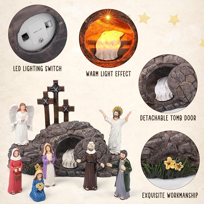 Fovths 9 Pieces Easter LED Cross Shaped Resin Table Decor Resurrection of Jesus Statue Set Easter Resin Tabletop Decoration for Indoor Holiday Home Tabletop Ornaments
