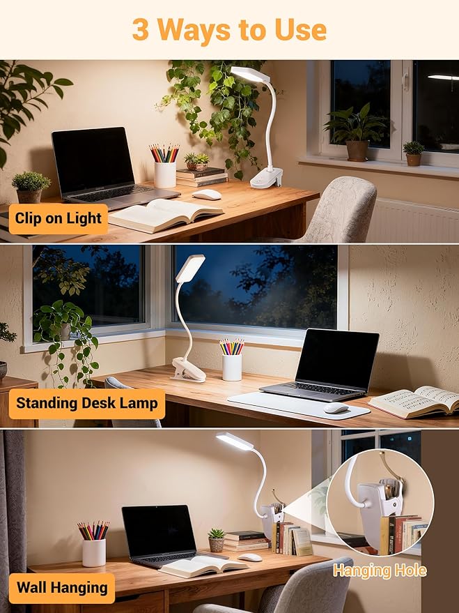 Clip on Light,9 Brightness+5 Color Clip on Lamp with 4000mAh Battery,450 Lumen Rechargeable Desk Lamp with Clamp,48 LED Reading Light for Bed,Cordless Reading Lamps for Bed/Headboard/Craft
