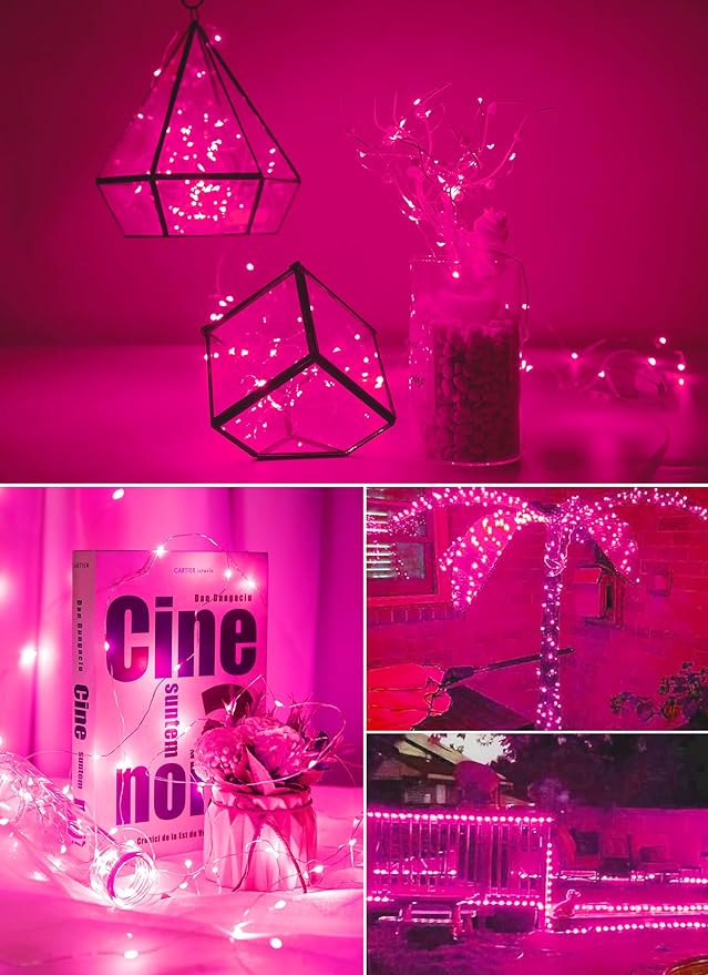 Fairy Lights Plug in, 33Feet 100 LEDs USB Twinkle String Lights with Remote and Timer, Waterproof 8 Modes for Bedroom Indoor Wreath DIY Wedding Holiday Christmas Valentine's Day Decoration, Pink