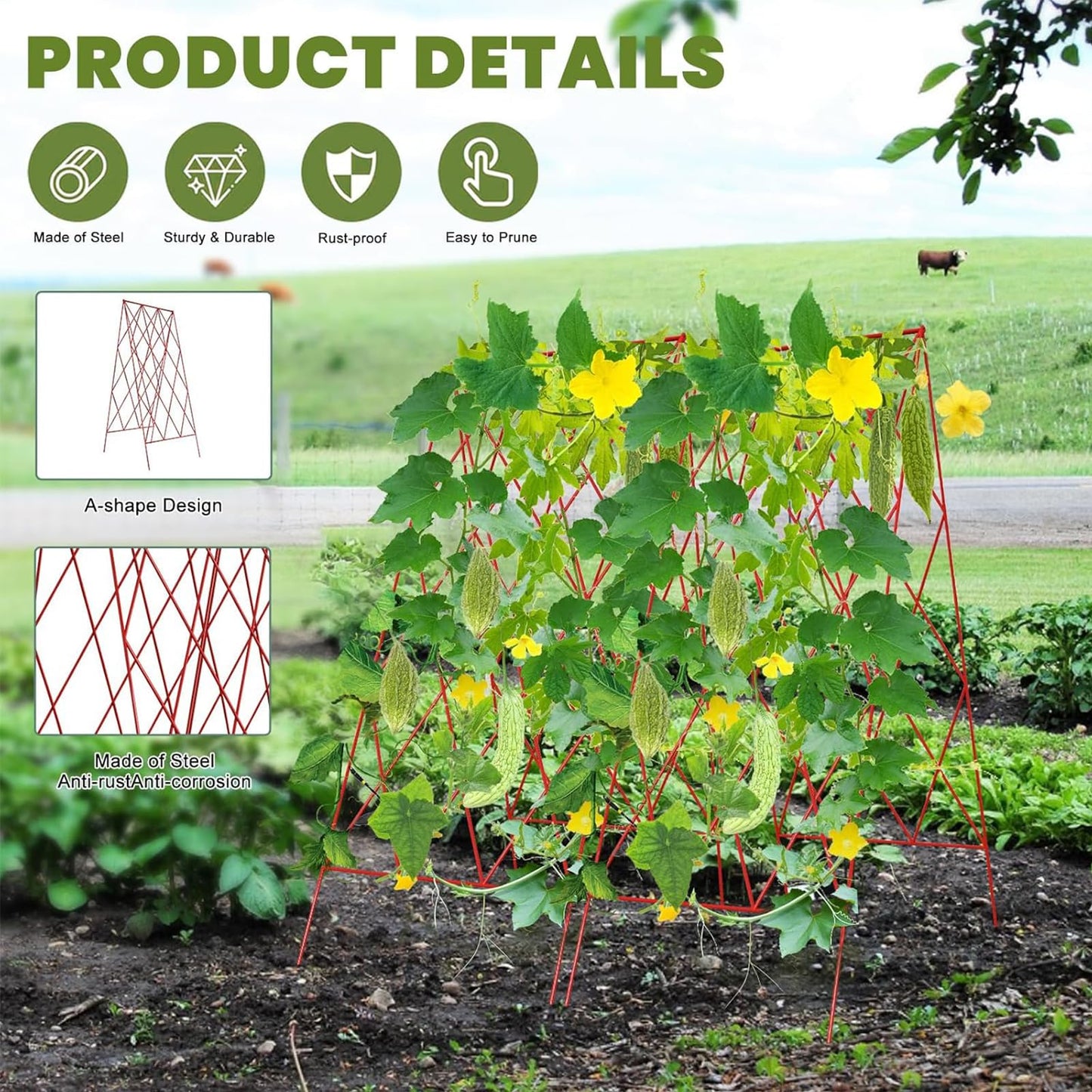 UrGROWA Cucumber Trellis 2 Pack, Foldable A-Frame Garden Trellis for Raised Bed Garden Grow Support with Plant Support Clips, Twist Ties, Plastic Ties, for Cucumber,Tomato, Climbing Plants and Flowers