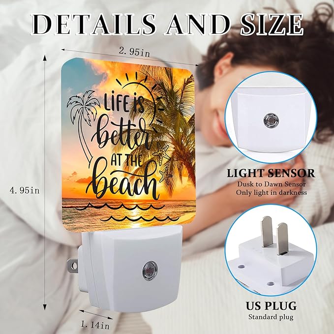 Sea Beach Palm Tree Night Light, Plug-into Wall Life is Better at The Beach Nightlight Lamp with Dusk to Dawn Sensor, Led Lamp 0.5W Energy Efficient for Boys Girls Adults Home Decor