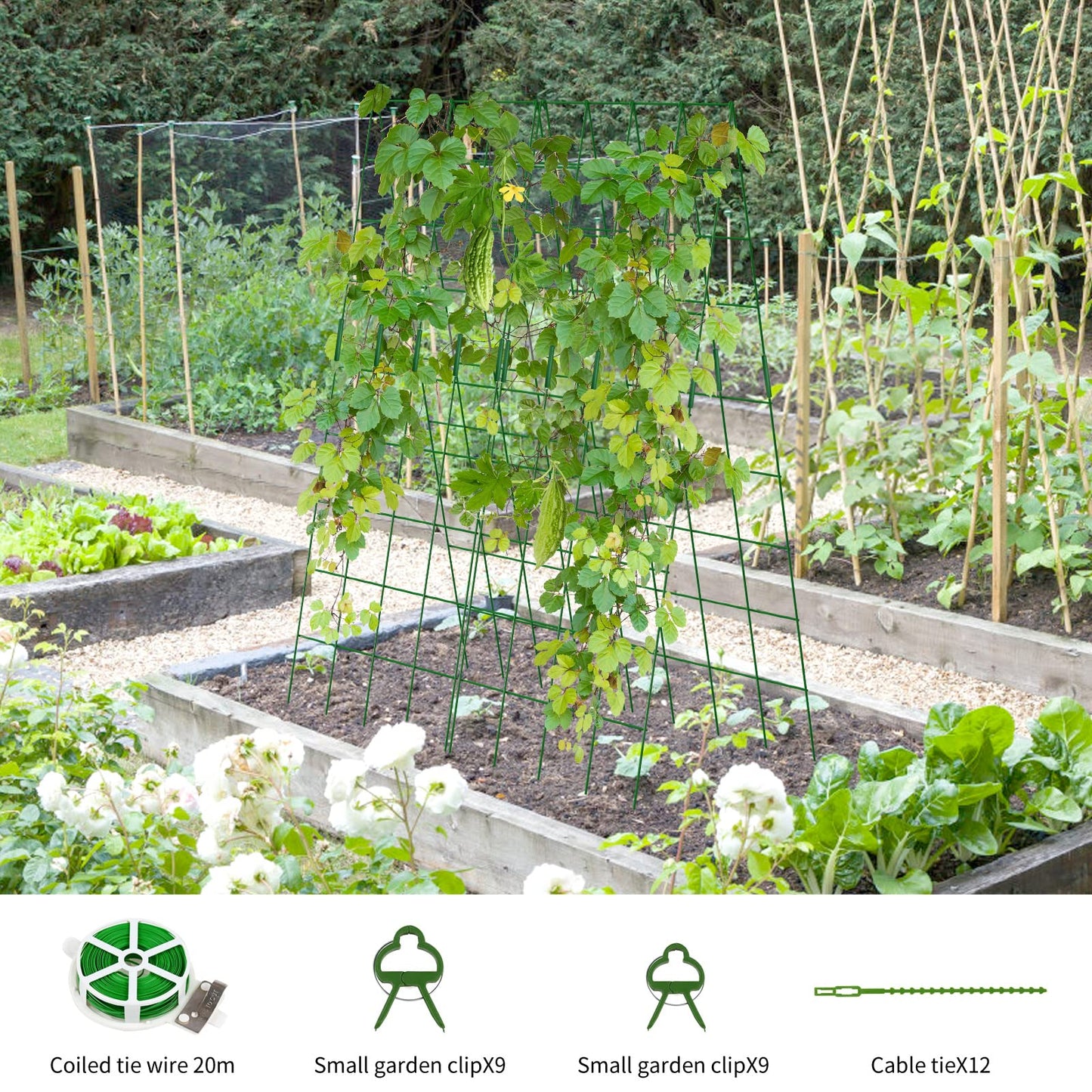 UrGROWA Cucumber Trellis 2 Pack, 59" H Foldable A-Frame Garden Trellis for Raised Bed Garden Grow Support with Plant Support Clips, Twist Ties for Cucumber,Tomato, Climbing Plants and Flowers