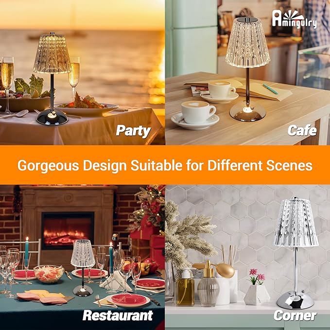 Cordless Table Lamp, 4000mAh Rechargeable Battery Operated Lamp, 3 Color Modes & Stepless Dimmable LED Touch Lamp, Portable Crystal Metal Beside Lamps for Bedroom Restaurant(Silver Chrome)