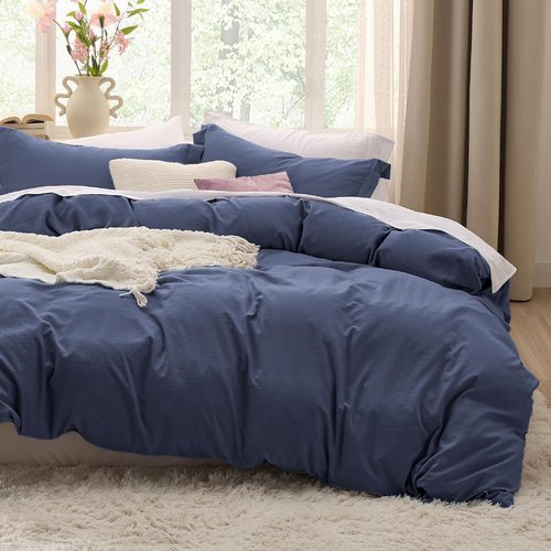Bedsure Navy Blue Duvet Cover Set - Soft Prewashed Cotton-Like Polyester, King Size 3-Piece (104x90 Inches)