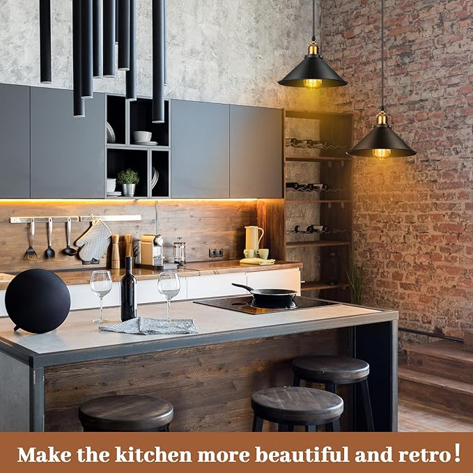 Retisee 12 Pcs Industrial Pendant Light Vintage Metal E26 Base Hanging Light Rustic Dome Pendant Lamp Fixture Farmhouse Kitchen Hanging Ceiling Lamp for Dining Room Bedroom Hallway Bar(Black)