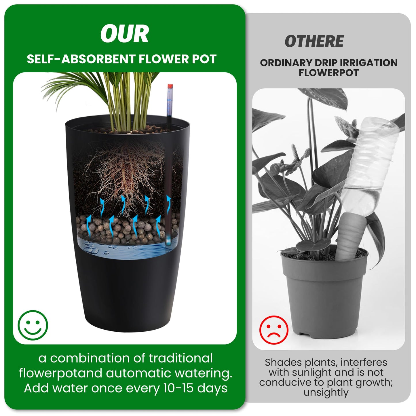 GarveeLife Set of 2 Tall Planters for Outdoor Plants, 22 in Large Planters for Outdoor Indoor Plants with Water Level Monitor ＆ Inner Bucket, Automatic Watering, for Porch, Patio, Backyard, Black