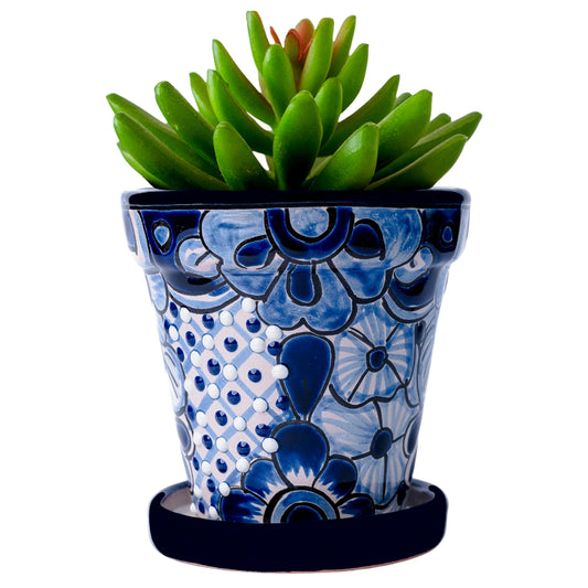 COBAZUL Mexican Pottery Planters - Talavera Planter - Succulent Pots - Ceramic Pots for Plants Indoor & Outdoor with Drainage Hole and Saucer - 4'' W x 4" H (White & Blue-Small)