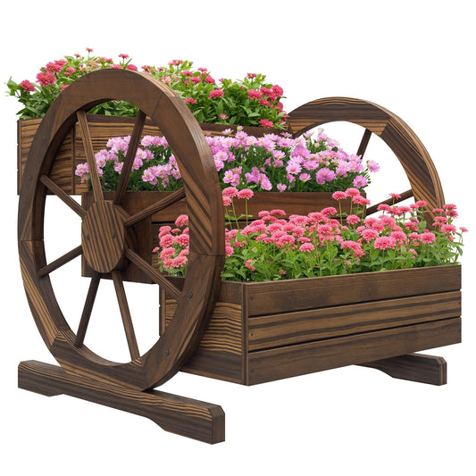 Outsunny 3-Tier Raised Garden Bed, Wooden Wagon Planter Boxes with Drainage Holes, for Vegetables Flowers Herbs, 25" x 24" x 23"