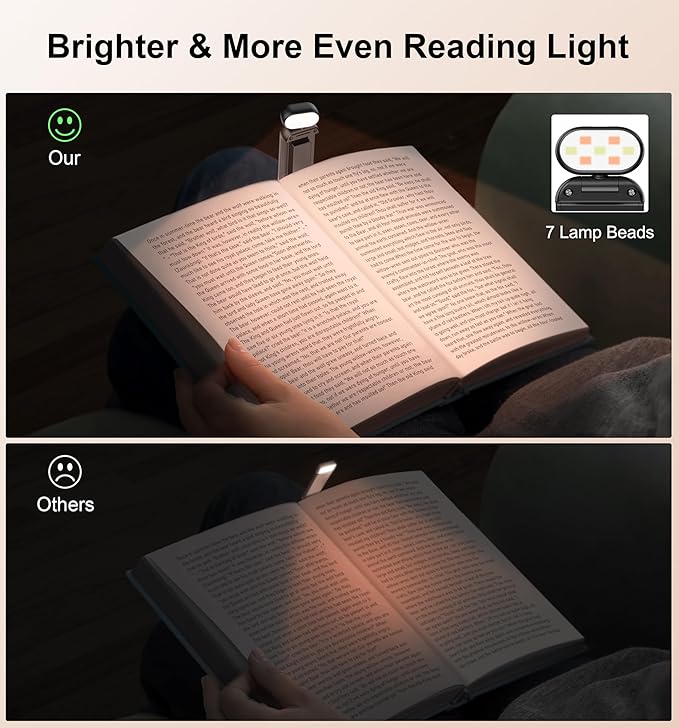 Gritin Reading Light, Book Light for Reading in Bed - Eye Caring 3 Colors, 5-Level Dimmable Brightness,Long Lasting, Compact Size Rechargeable Clip on Book Reading Light for Book Lovers-Black