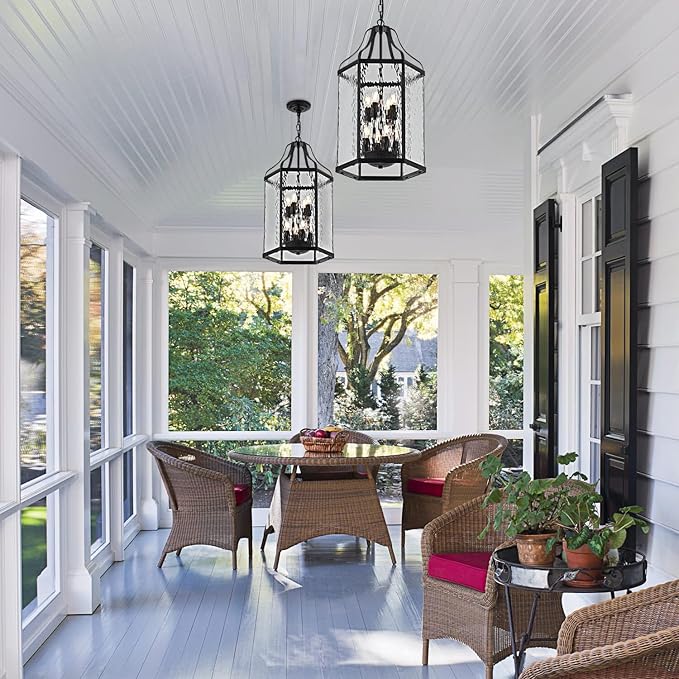 14" Modern 8-Light Exterior Black Lantern Pendant Light Fixture with Clear Rippled Glass Mini Industrial Hanging Cage Chandelier for Outdoor Kitchen Dining Room Hallway Entryway Foyer Porch