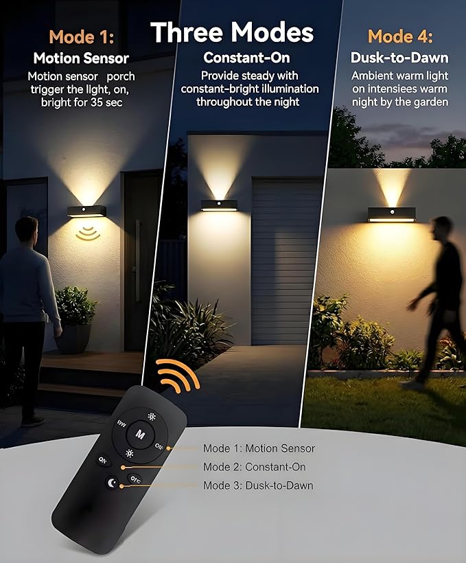 Solar Wall Lights Outdoor, 3 Mode Motion Sensor Dusk to Dawn Solar Outdoor Sconce Waterproof, Remote, Aluminum & Glass, for Outside House Porch, 4400 mAh