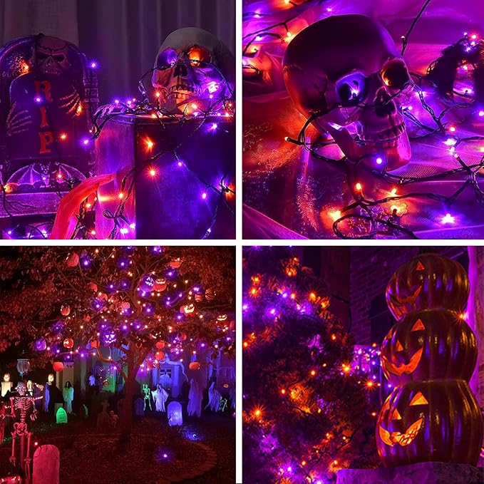 Orange Purple Halloween String Lights Outdoor 100LED Battery Operated Fairy Lights with Waterproof Remote Timer String Lights for Garden Party Holiday Halloween Décor