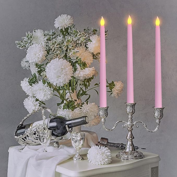 Pink Flameless Taper Candles with Remote, Flickering Battery LED Candlesticks Spring Home Decor Set of 6