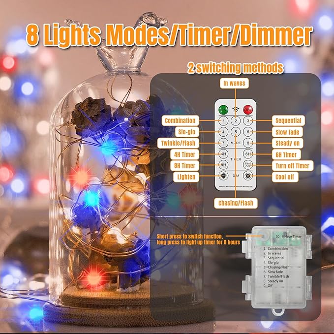 LAMPHOME Patriotic Fairy Lights Battery Operated, 33Ft 100 LEDs Waterproof Twinkle Firefly Lights,Starry String Light for Independence Day Patriotic Holidays Decoration (Red, White & Blue)