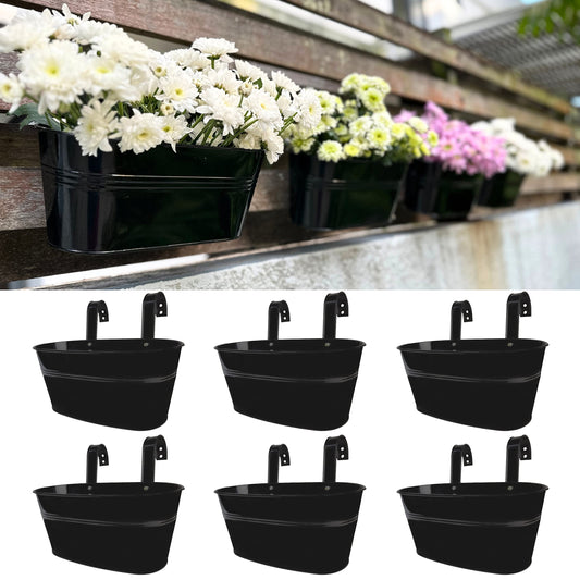 LaLaGreen Rail Planter Outdoor Plants (6 Pack, 9.8 Inch) Small and Cute Black Metal Iron Hanging Flower Pot Deck Railing Fence Buckets Countryside Style Window Box Plant Holder Hooks Porch Decor