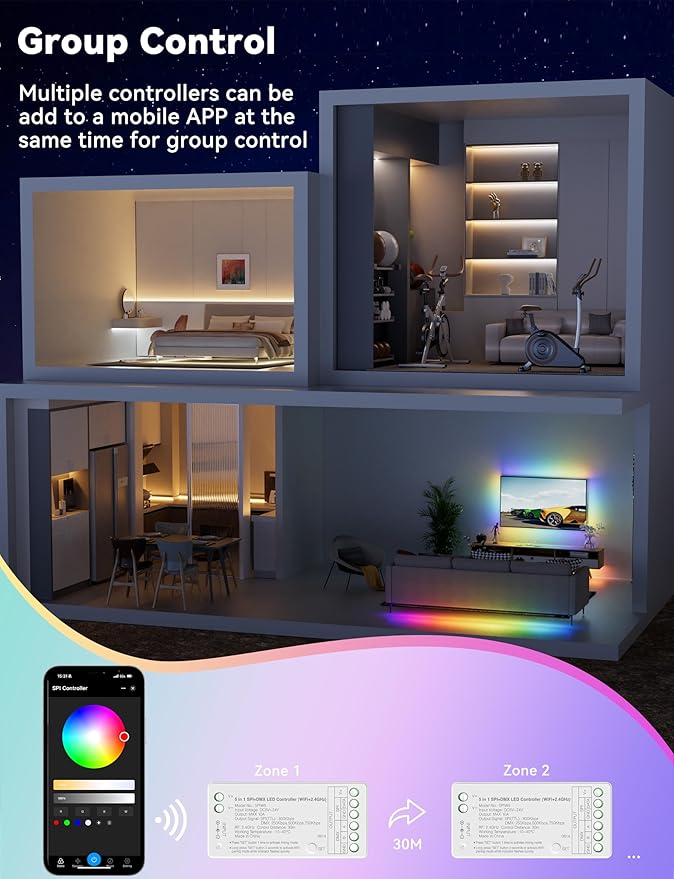 PAUTIX WiFi SPI+DMX SPIW5 Tuya SPI LED Controller Compatible with Alexa/Google Home,for Single Color/CCT/RGB/RGBW/RGBCCT SPI LED Strip Lights,Work with WS2811 SK6813 IC Addressable LED Strip
