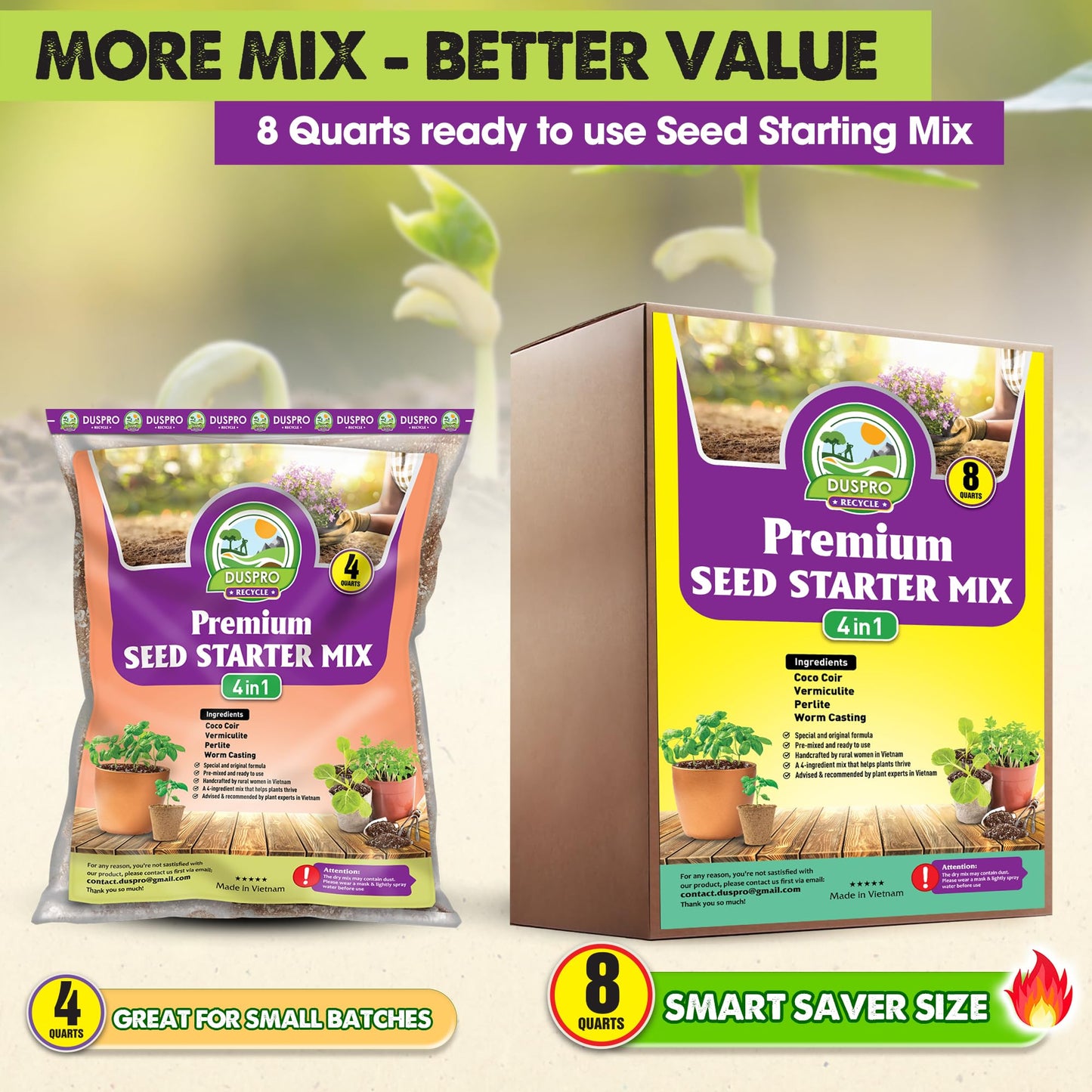 Seed Starter Potting Soil Mix, 8 Dry Quarts, Ready-to-Use Peat-Free Coco Coir Seed Starting Mix 4-in-1 Blend with Perlite, Vermiculite & Worm Castings for Germination & Seedlings