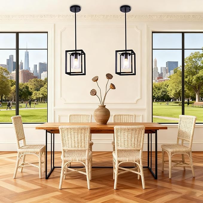 COTULIN 2 Pack Black Pendant Lights for Kitchen Island, Farmhouse 1-Light Iron Cage Metal Hanging Light with Clear Glass Shade, Industrial Lighting Fixtures for Living Room Bedroom Hallway Foyer