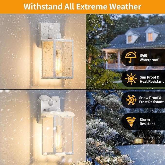 2 Pack White Motion Sensor Outdoor Light Fixtures Wall Mount, Dusk to Dawn Front Porch Lights for House, Exterior Wall Sconce, Waterproof Lantern Lamp,Outside Coach Light for Garage Entryway Yard