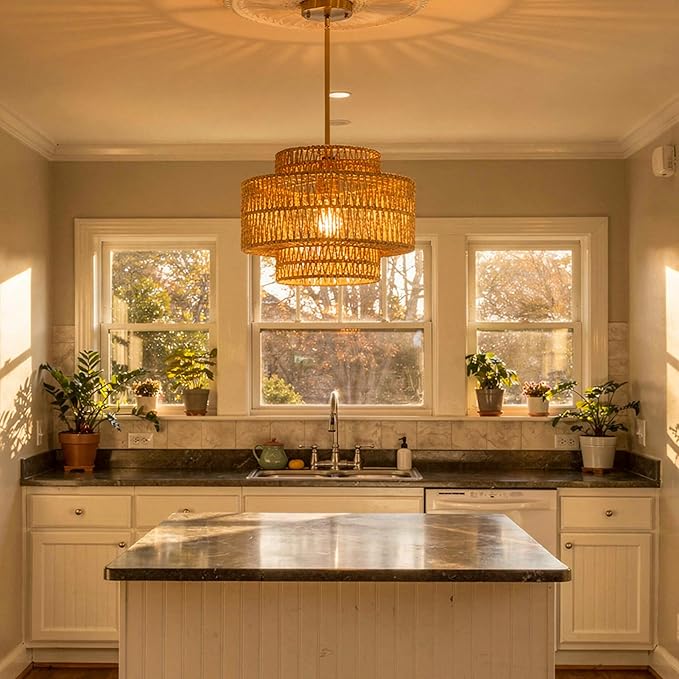 1 Light Pendant Lighting, Farmhouse Hanging Light Fixture for Kitchen Island & Dining Room, Industrial Vintage Ceiling Lamp with E26 Base, Adjustable Height, 12.4” Boho Rattan Chandelier