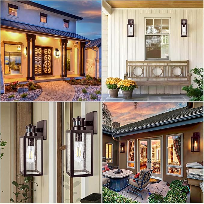 2-Pack Motion Sensor Outdoor Wall Lights, Dusk to Dawn Exterior Wall Sconces Lanterns with Seeded Glass, Waterproof Porch Light Fixtures Outside Lights for House Front Door Entryway Garage, Brown
