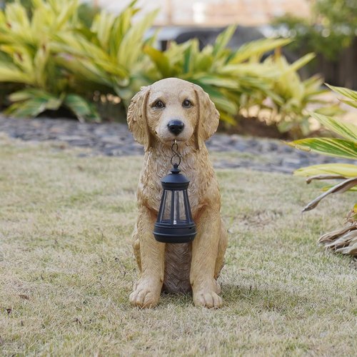 Cynkeyee Golden Retriever Puppy Statue - Solar Outdoor Dog Figurine for Garden & Patio | 13.5x7.5x15.5 Inch